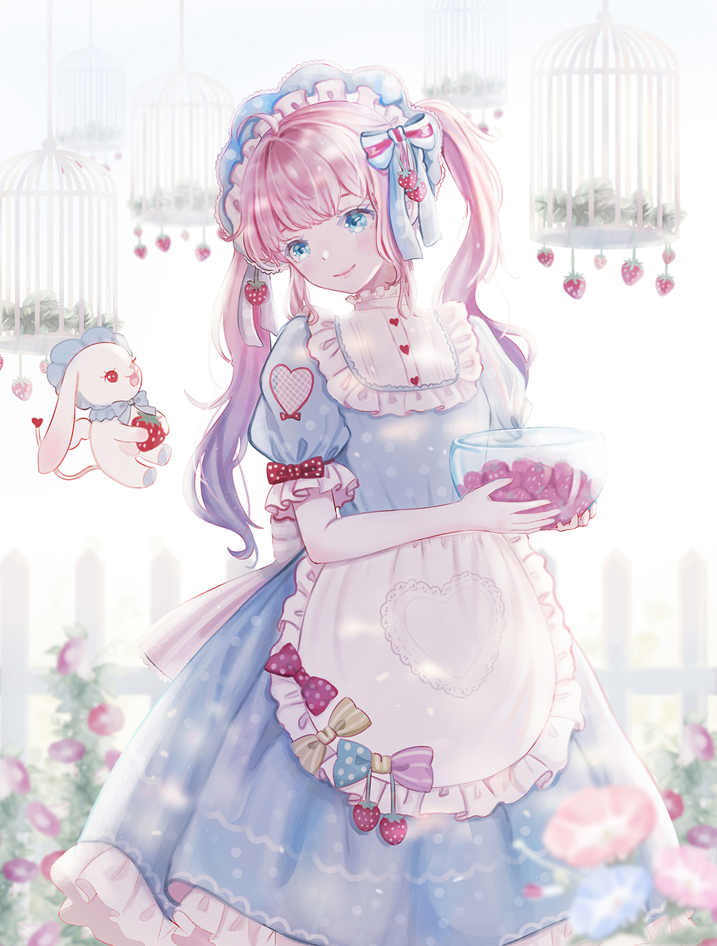 1girl apron artist_request birdcage blue_dress blue_eyes blush bow cage closed_mouth dress flower food fruit hair_bow hair_ornament hairband heart_apron highres lolita_fashion lolita_hairband long_hair original pinafore_dress pink_hair sidelocks smile solo standing strawberry stuffed_animal stuffed_toy twintails white_background