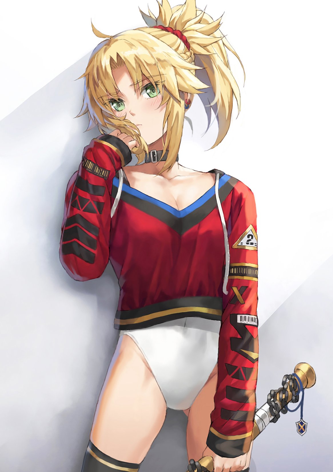 1girl bangs blonde_hair braid breasts closed_mouth collar fate/apocrypha fate_(series) french_braid green_eyes hair_ornament hair_scrunchie highres leotard long_hair long_sleeves looking_at_viewer mordred_(fate) mordred_(fate)_(all) parted_bangs ponytail red_sweater scrunchie small_breasts sweater thighs tonee white_leotard