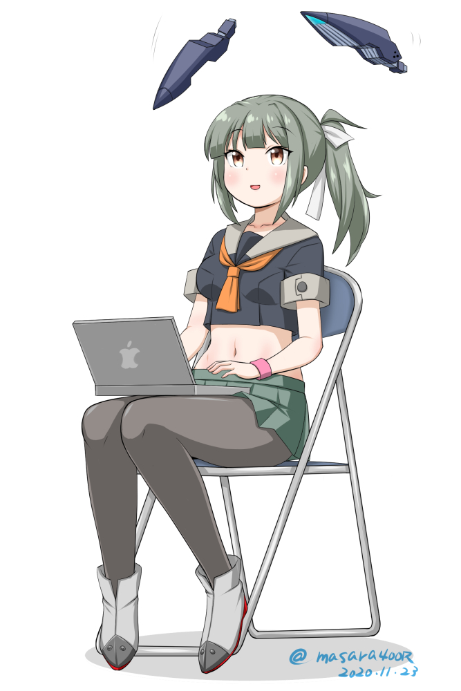 1girl black_legwear black_shirt boots chair commentary_request computer dated folding_chair full_body green_skirt grey_hair grey_sailor_collar hair_ribbon headgear kantai_collection laptop masara_(chuujou) midriff navel neckerchief orange_neckwear pantyhose pleated_skirt ponytail remodel_(kantai_collection) ribbon sailor_collar sailor_shirt school_uniform serafuku shirt simple_background sitting skirt solo twitter_username white_background white_ribbon wristband yuubari_(kantai_collection)