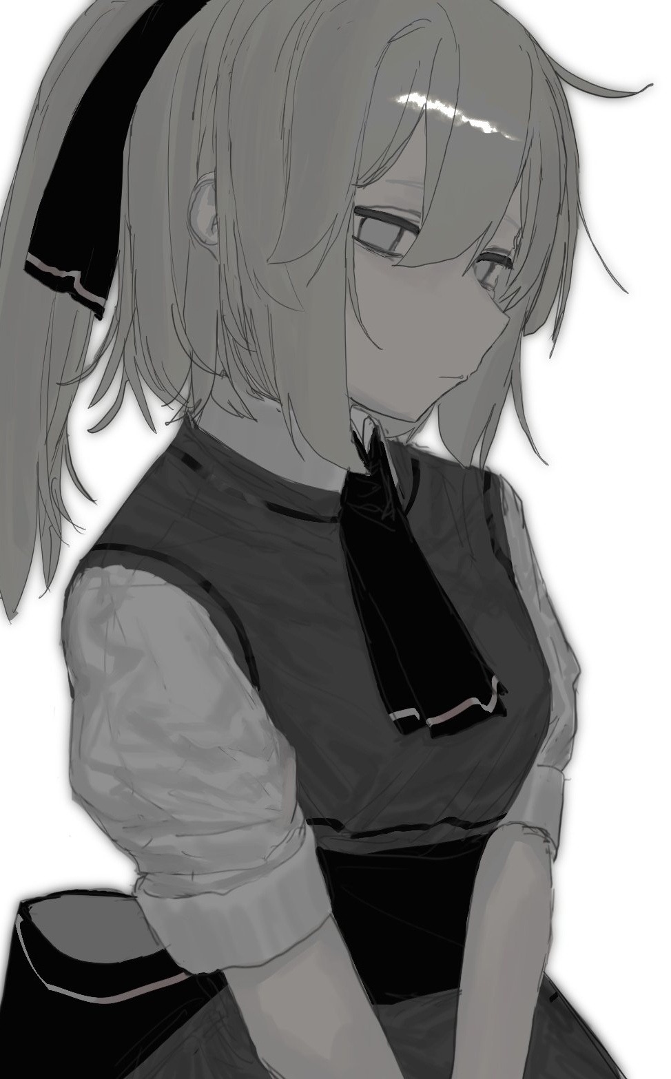 1girl atkm2 bow closed_mouth dress empty_eyes grey_hair greyscale hair_bow highres long_hair looking_at_viewer monochrome necktie original pale_color pale_skin ponytail sash short_sleeves simple_background solo upper_body vest white_background