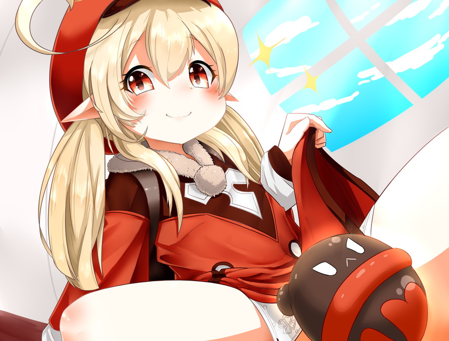 1girl ahoge bag blonde_hair blue_sky blush cabbie_hat clouds day dress dress_lift genshin_impact hat klee_(genshin_impact) lifted_by_self looking_at_viewer mitsubasa_miu open_mouth panties pointy_ears red_dress red_eyes red_headwear sky smile solo spread_legs underwear white_panties window