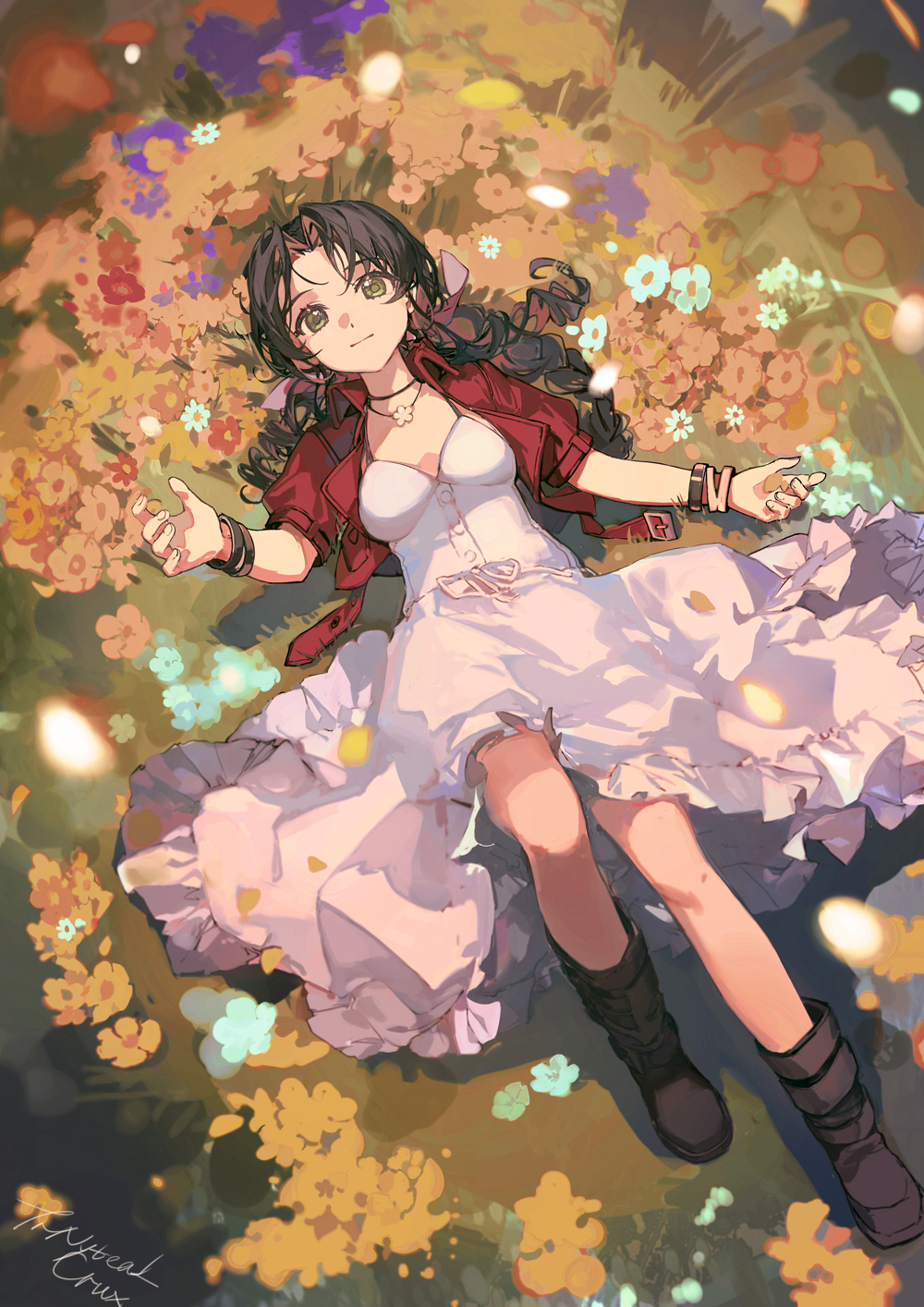 1girl aerith_gainsborough artist_name boots bracelet brown_footwear brown_hair ciloranko cropped_jacket dress final_fantasy final_fantasy_vii flower from_above full_body green_eyes hair_ribbon hand_up highres jacket jewelry knee_up long_hair looking_at_viewer lying necklace on_back pink_dress pink_ribbon red_jacket ribbon short_sleeves