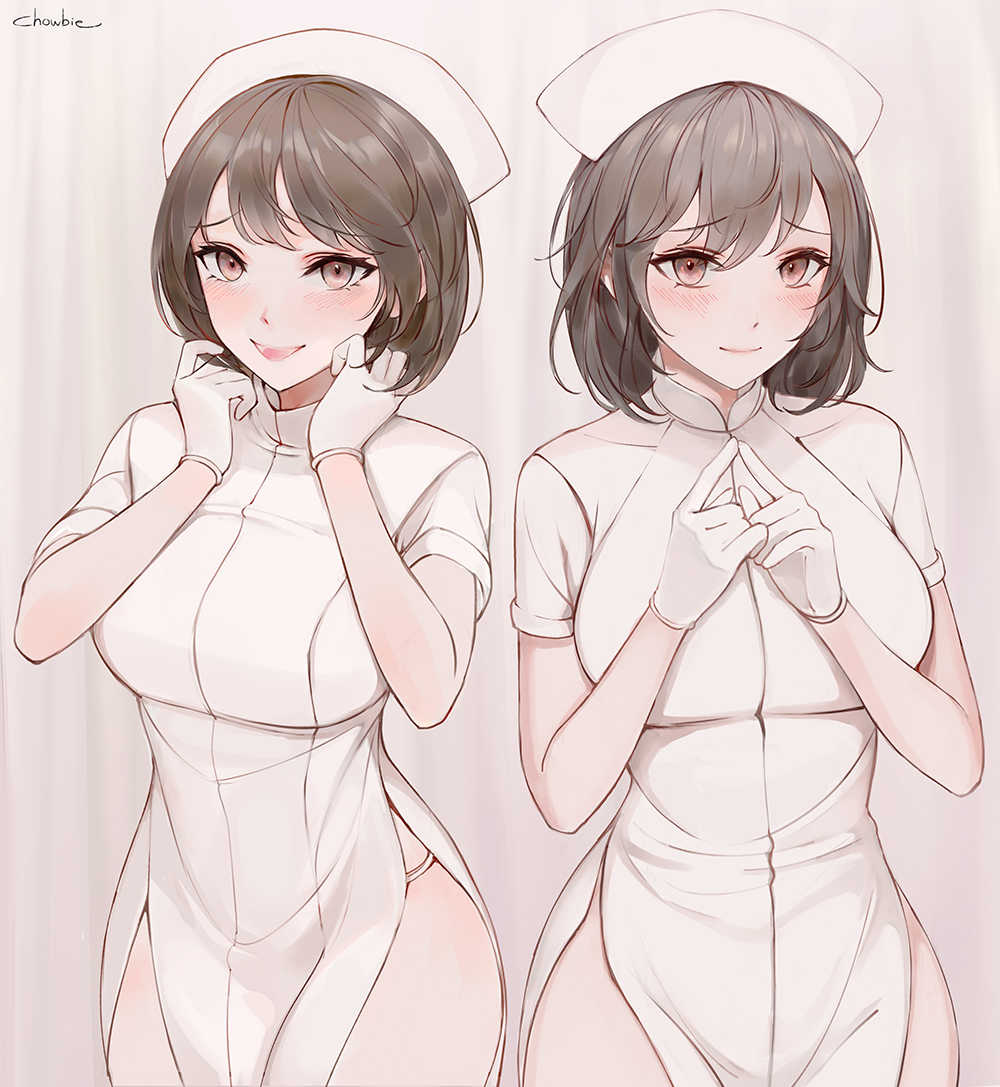 2girls bangs blush breasts brown_eyes brown_hair chowbie commentary_request dress gloves hat large_breasts multiple_girls nurse nurse_cap open_mouth original panties short_hair side_slit underwear uniform white_gloves white_panties