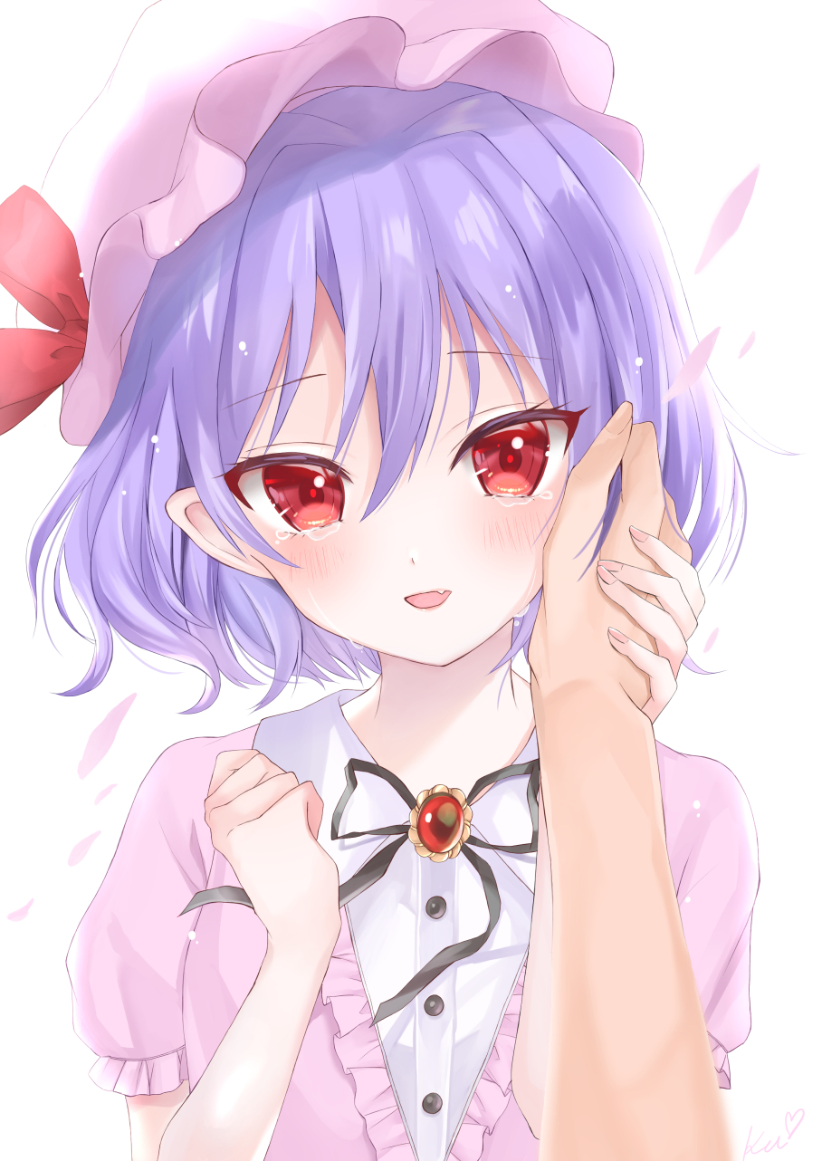 1girl :d bangs black_ribbon blush bow dress_shirt eyebrows_visible_through_hair fang hair_between_eyes hat hat_bow highres kei_(hidden) looking_at_viewer neck_ribbon open_mouth pink_headwear pointy_ears pov red_bow red_eyes remilia_scarlet ribbon shiny shiny_hair shirt short_hair short_sleeves signature silver_hair simple_background skin_fang smile tears touhou upper_body white_background white_shirt