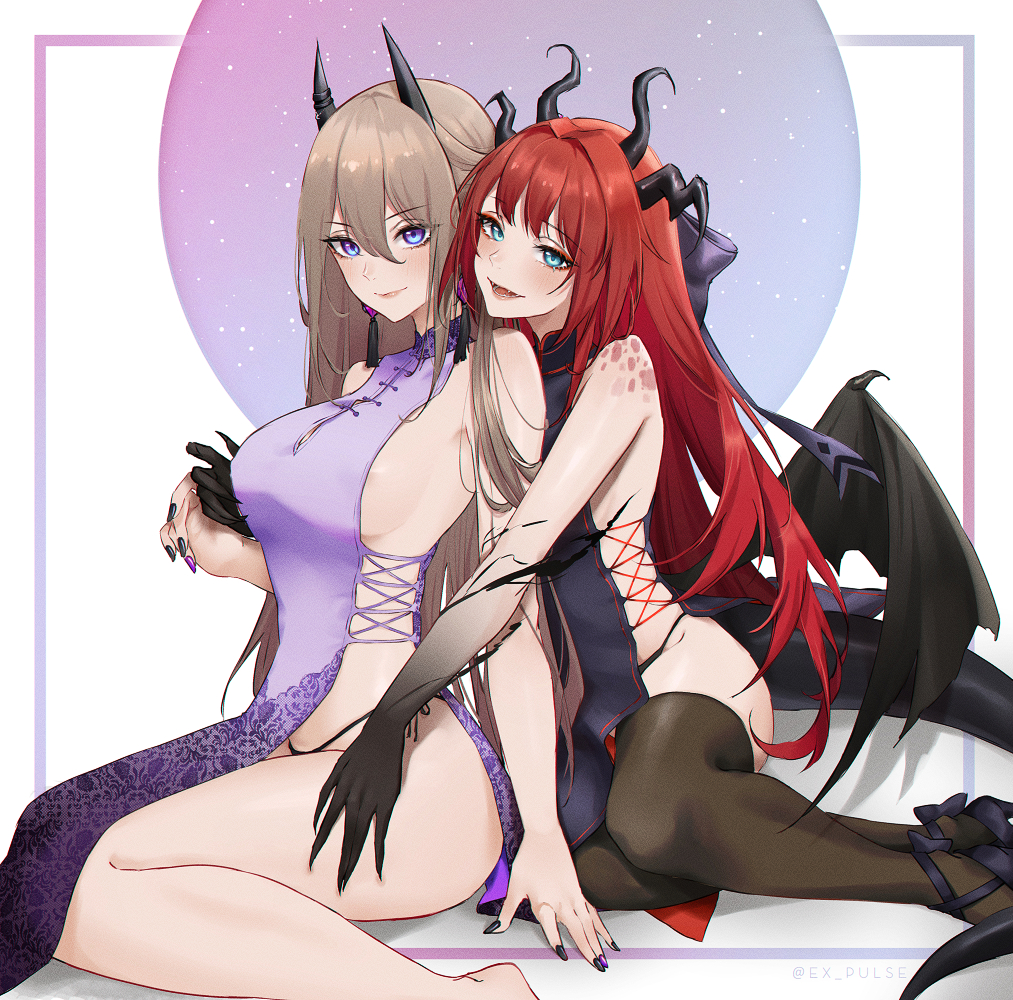 2girls aqua_eyes bangs black_legwear black_nails black_panties blue_eyes breasts brown_hair china_dress chinese_clothes dress expulse hair_between_eyes high_heels horns long_hair low_wings monster_girl multiple_girls nail_polish original panties red_hair sideboob sitting smile tail thighhighs thighs underwear wings yuri