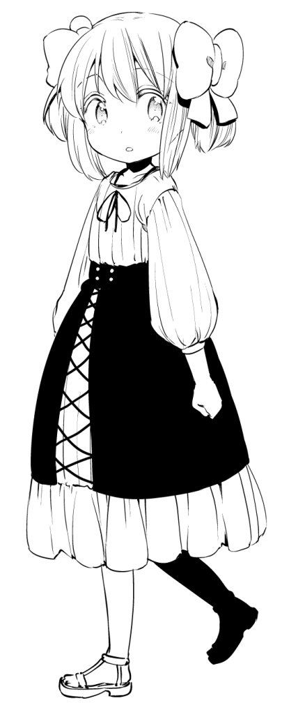 1girl blush bow cross-laced_clothes dot_nose dress from_side full_body greyscale hair_bow hota latina_(uchi_no_musume_no_tame_naraba) long_dress looking_at_viewer looking_to_the_side medium_hair monochrome neck_ribbon parted_lips ribbon sandals simple_background skirt solo standing uchi_no_musume_no_tame_naraba_ore_wa_moshikashitara_maou_mo_taoseru_kamo_shirenai. walking white_background