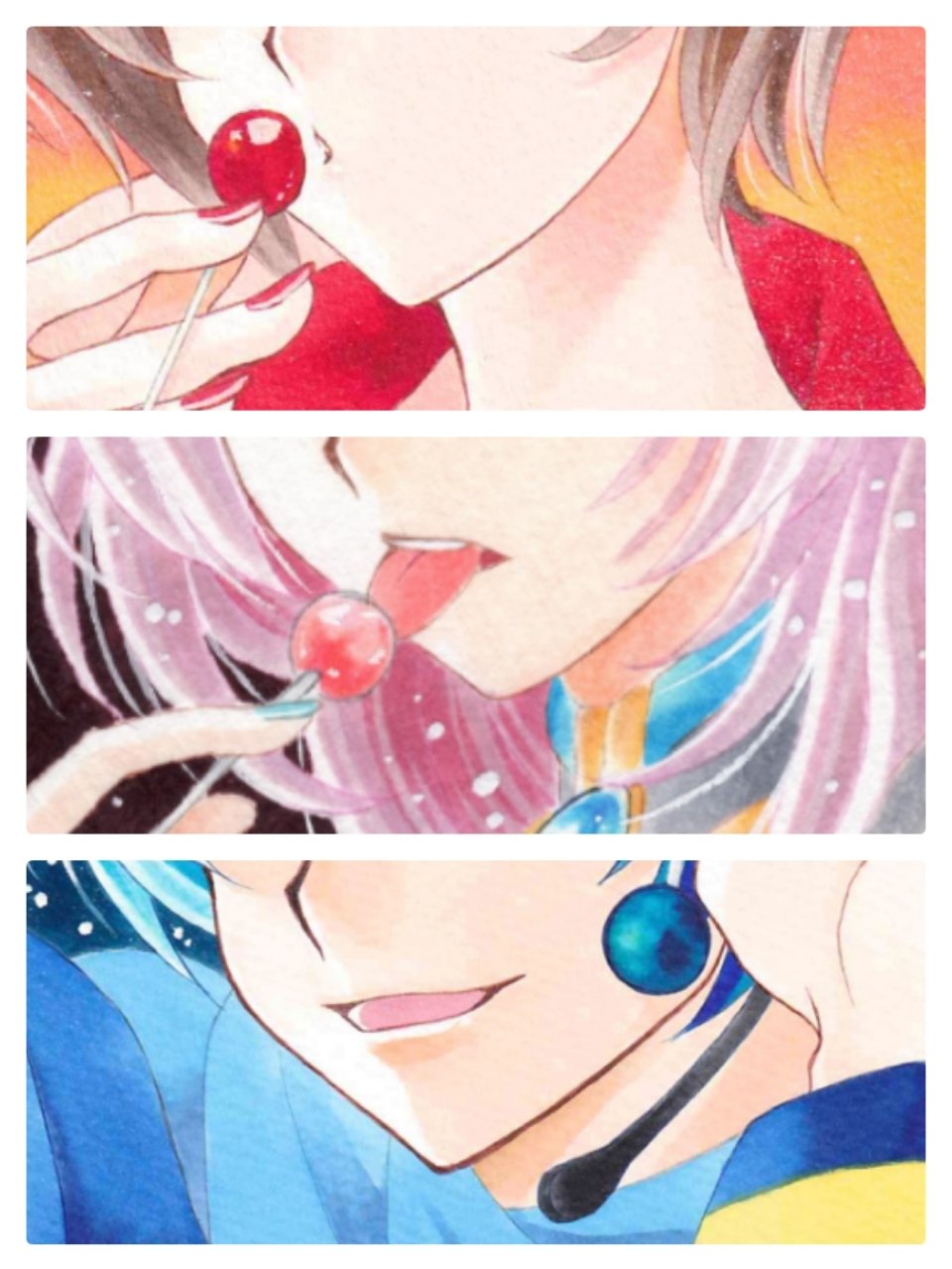 1boy 2girls black_background blue_hair blue_nails brown_hair candy close-up commentary english_commentary food highres kaito lollipop long_hair megurine_luka meiko multiple_girls nail_polish open_mouth pink_hair red_nails riono smile twitter_username vocaloid