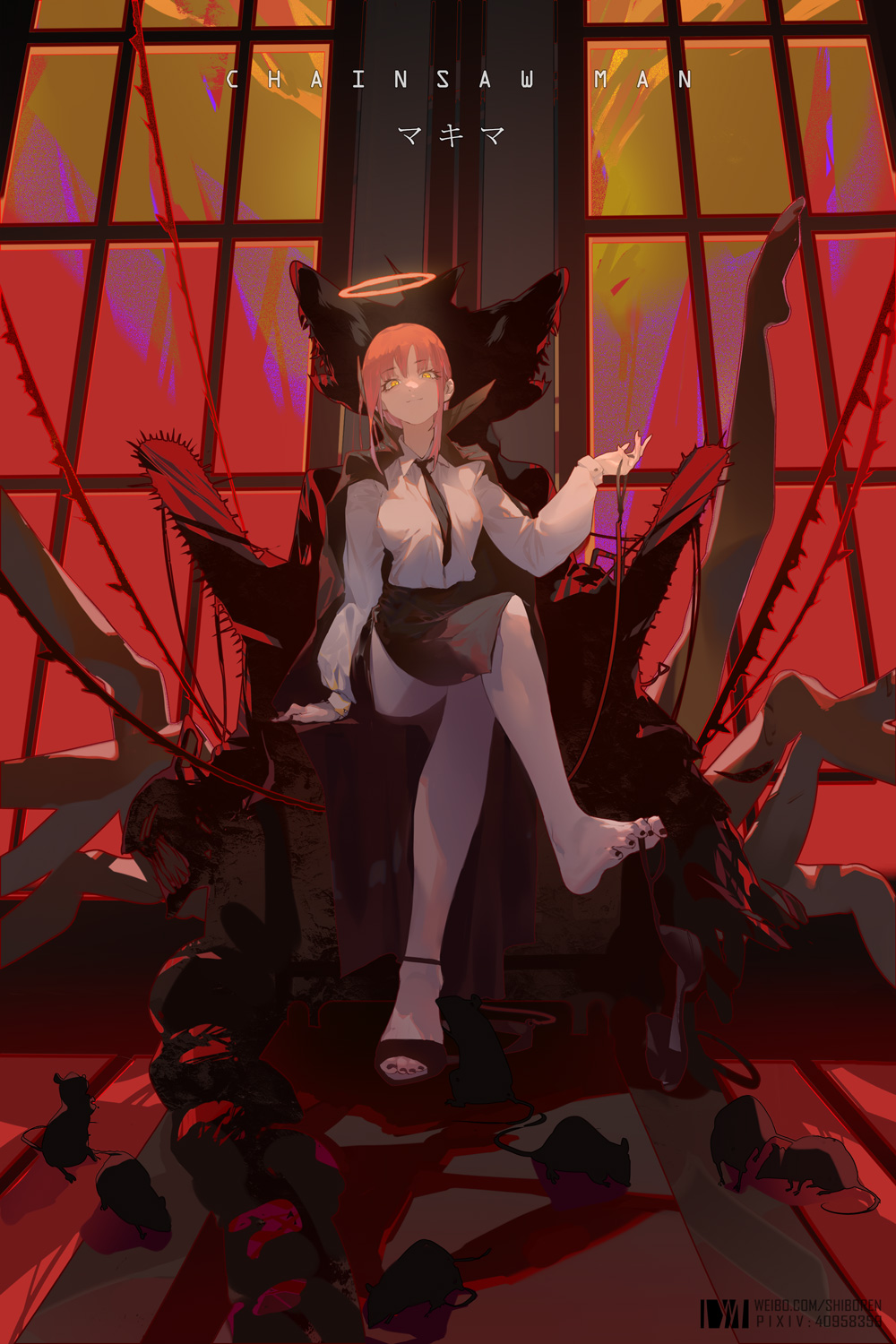 1girl ass bare_legs barefoot black_neckwear braid braided_ponytail breasts business_suit chainsaw_man dm_(dai_miao) feet formal halo highres makima_(chainsaw_man) necktie neckwear office_lady redhead ringed_eyes shirt shoes soles suit thighs toes