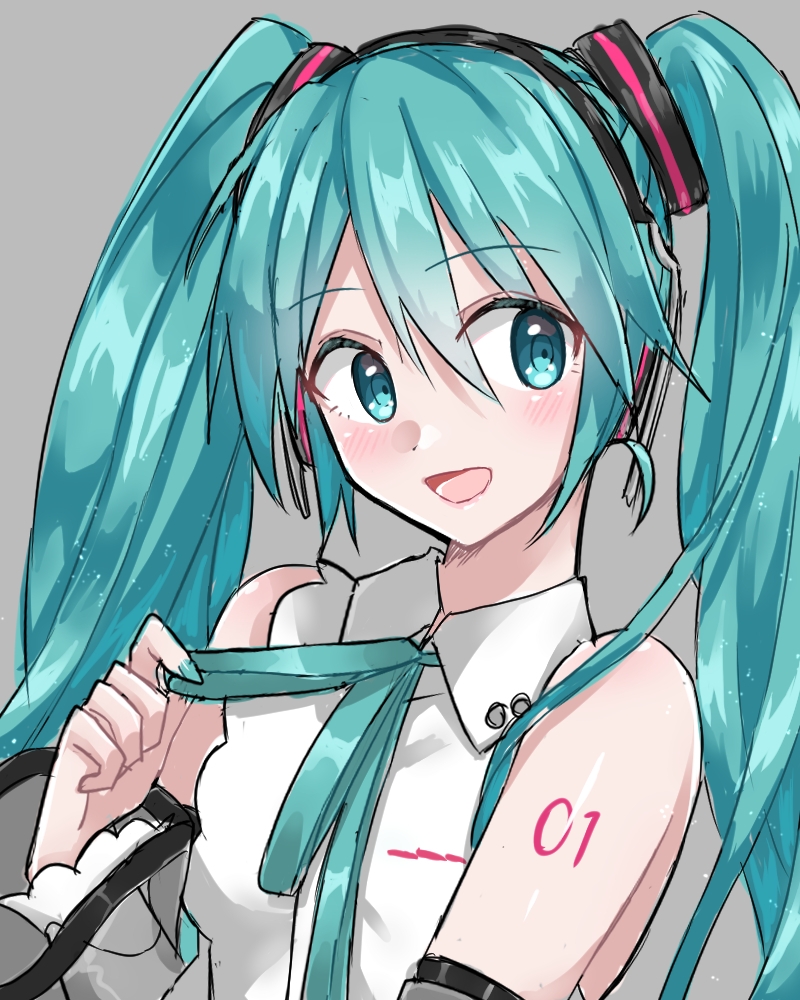 1girl aqua_eyes aqua_hair aqua_nails aqua_neckwear bare_shoulders commentary detached_sleeves grey_background hair_ornament hatsune_miku hatsune_miku_(nt) headphones headset holding_neckwear light_blush long_hair nail_polish neck_ribbon open_mouth piapro ribbon see-through_sleeves shirt shoulder_tattoo smile supo01 tattoo twintails upper_body very_long_hair vocaloid white_shirt white_sleeves