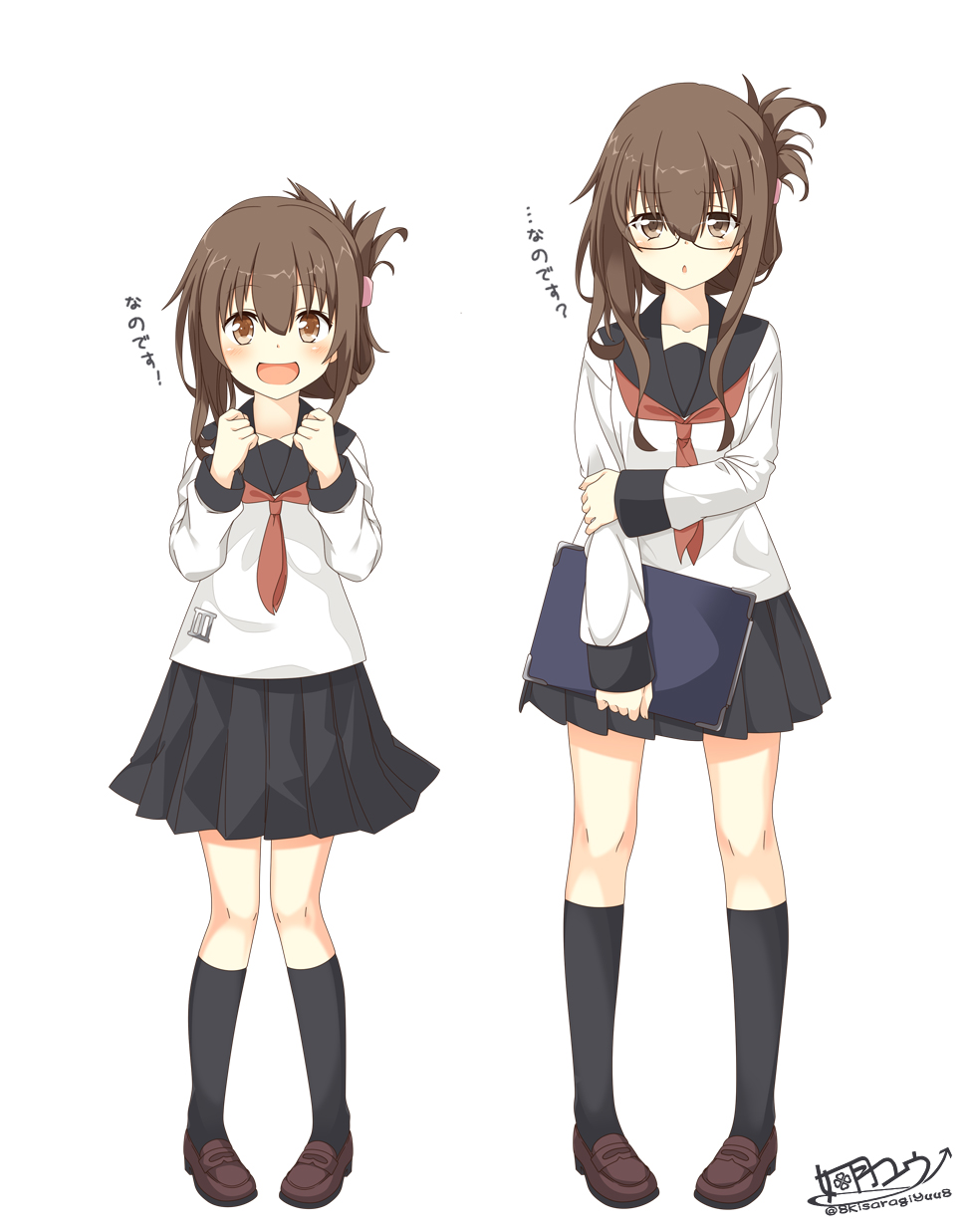 2girls bespectacled black_legwear black_sailor_collar black_skirt book brown_eyes brown_footwear brown_hair comparison dual_persona folded_ponytail glasses height_difference highres inazuma_(kantai_collection) kantai_collection kisaragi_yuu_(re:lucks) kneehighs loafers long_hair long_sleeves looking_at_viewer multiple_girls neckerchief pleated_skirt red_neckwear sailor_collar school_uniform serafuku shirt shoes simple_background skirt standing white_background white_shirt