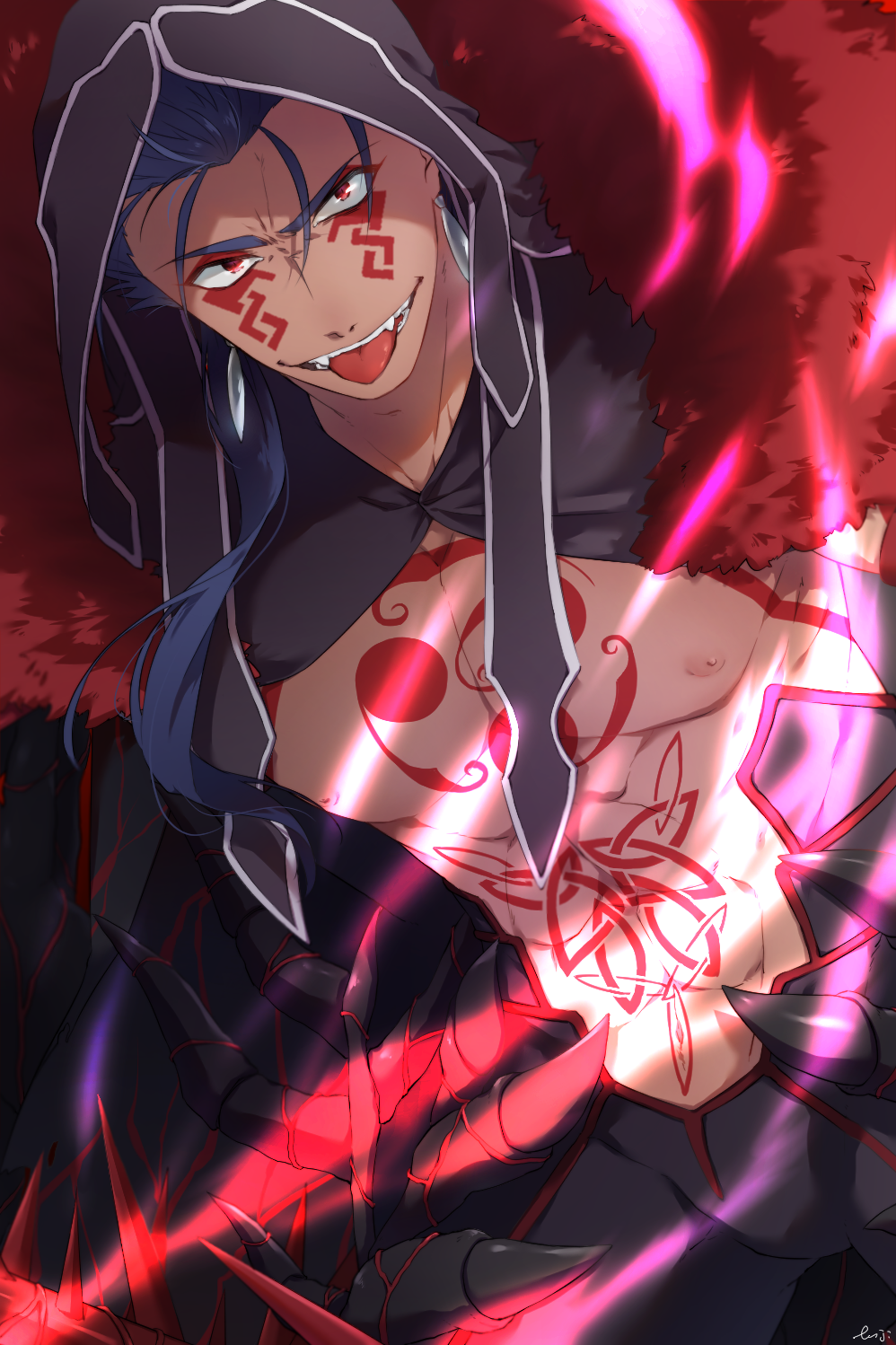 1boy :p blue_hair bodypaint cu_chulainn_(fate)_(all) cu_chulainn_alter_(fate/grand_order) dark_blue_hair dark_persona detached_hood earrings facepaint fangs fate/grand_order fate_(series) fuji121 fur grin hair_strand highres hood hood_up jewelry long_hair looking_at_viewer male_focus muscle pants ponytail red_eyes shirtless skin_tight smile solo spikes tongue tongue_out type-moon
