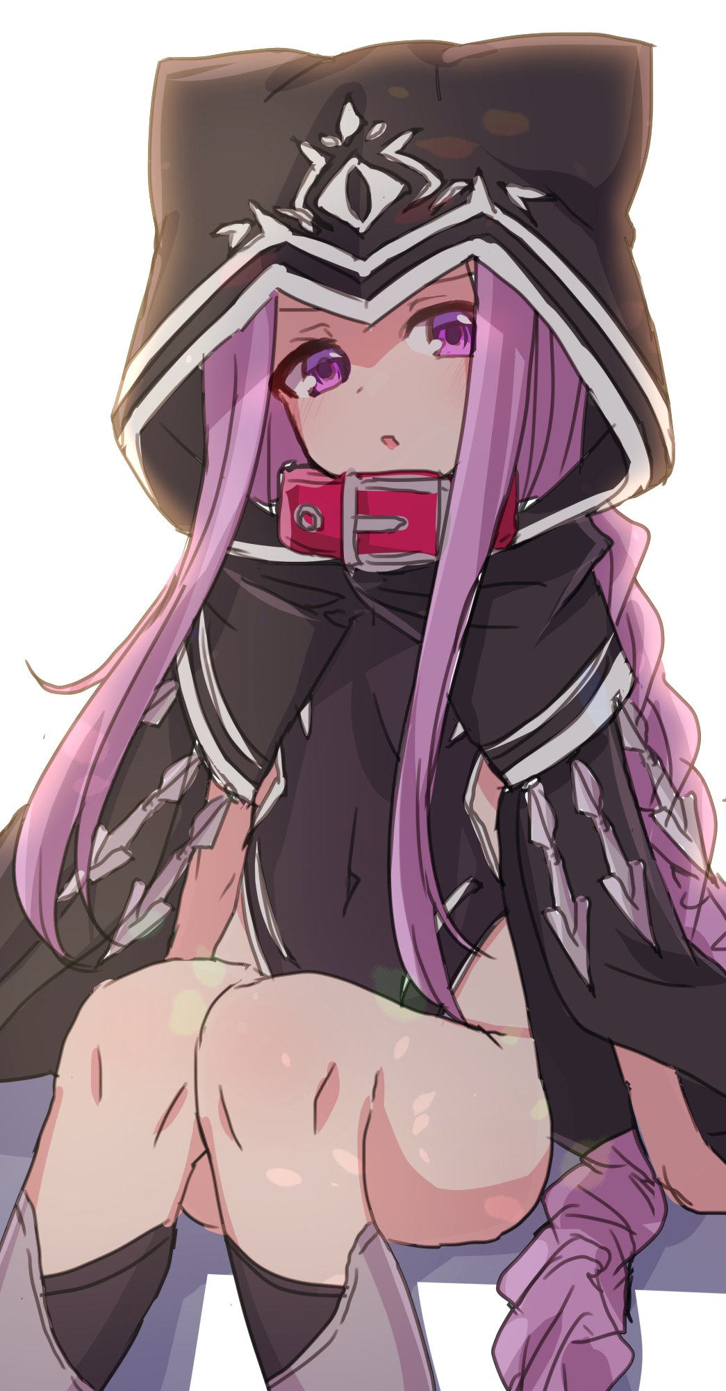 1girl backlighting bangs black_cape black_capelet black_cloak black_leotard breasts cape capelet chawan_(yultutari) cloak collar covered_navel fate/grand_order fate_(series) highleg highleg_leotard highres hood hood_up hooded_cloak leotard long_braid long_hair looking_at_viewer medusa_(lancer)_(fate) open_mouth parted_bangs purple_hair sidelocks sitting thighs very_long_hair violet_eyes