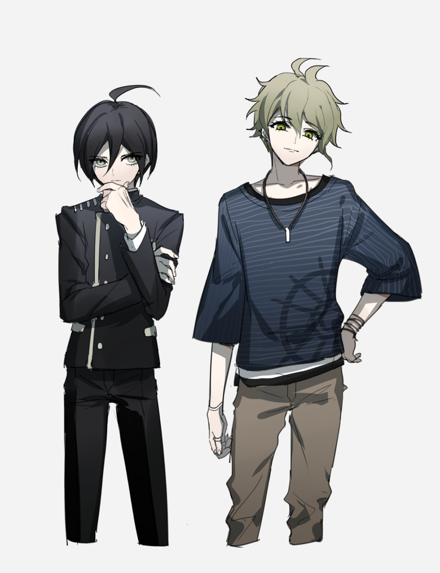 ahoge amami_rantarou bangs black_hair bracelet chin_stroking collarbone dangan_ronpa denim ear_piercing expressionless eyelashes green_eyes green_hair hair_between_eyes hand_on_hip head_tilt jeans jewelry light_smile long_sleeves looking_at_viewer male_focus messy_hair necklace new_dangan_ronpa_v3 pants piercing ring saihara_shuuichi school_uniform shirt short_hair sideways_glance simple_background striped striped_shirt symbol_commentary unagi_(515816703) white_background yellow_eyes