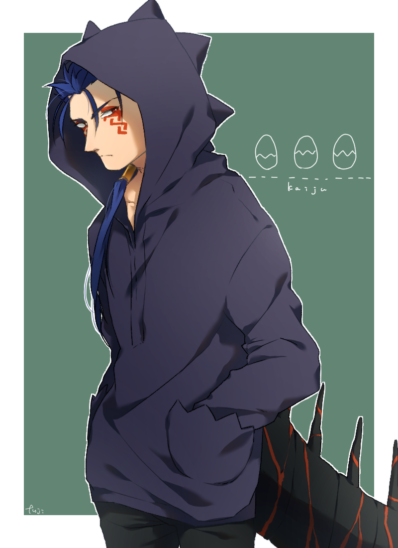 1boy alternate_costume angry beads blue_hair closed_mouth cu_chulainn_(fate)_(all) cu_chulainn_alter_(fate/grand_order) dark_persona facepaint fate/grand_order fate_(series) fuji121 hair_beads hair_ornament hair_strand hands_in_pockets hood hood_up hoodie kaijuu long_hair male_focus monster_boy ponytail red_eyes solo spikes tail type-moon