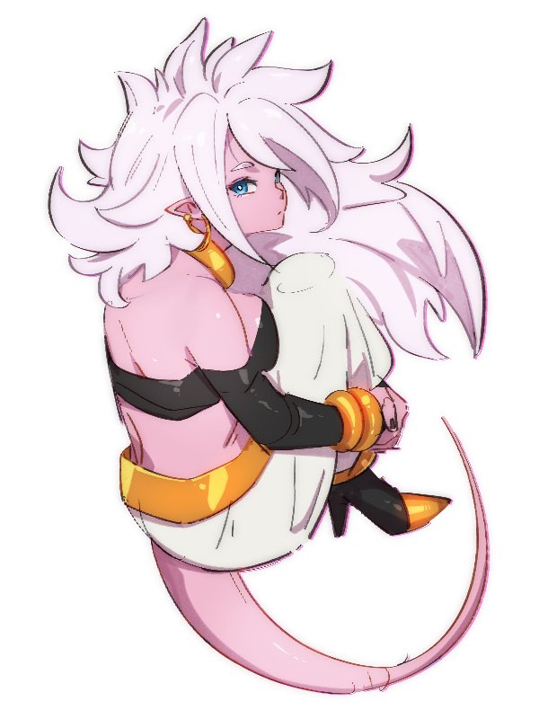 1girl android_21 bare_shoulders black_nails blue_eyes bracelet breasts choker closed_mouth dragon_ball dragon_ball_fighterz earrings from_behind full_body grey_background hoop_earrings jewelry kemachiku looking_at_viewer majin_android_21 midriff nail_polish pink_skin simple_background sitting solo tail white_hair yellow_choker