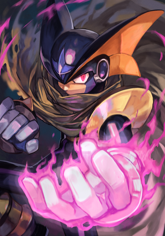 1boy armor aura cape cloak covered_mouth forte_exe glowing hands_up hankuri helmet hankuri looking_at_viewer male_focus open_hand red_eyes robot rockman rockman_exe serious simple_background solo standing torn_cape torn_clothes