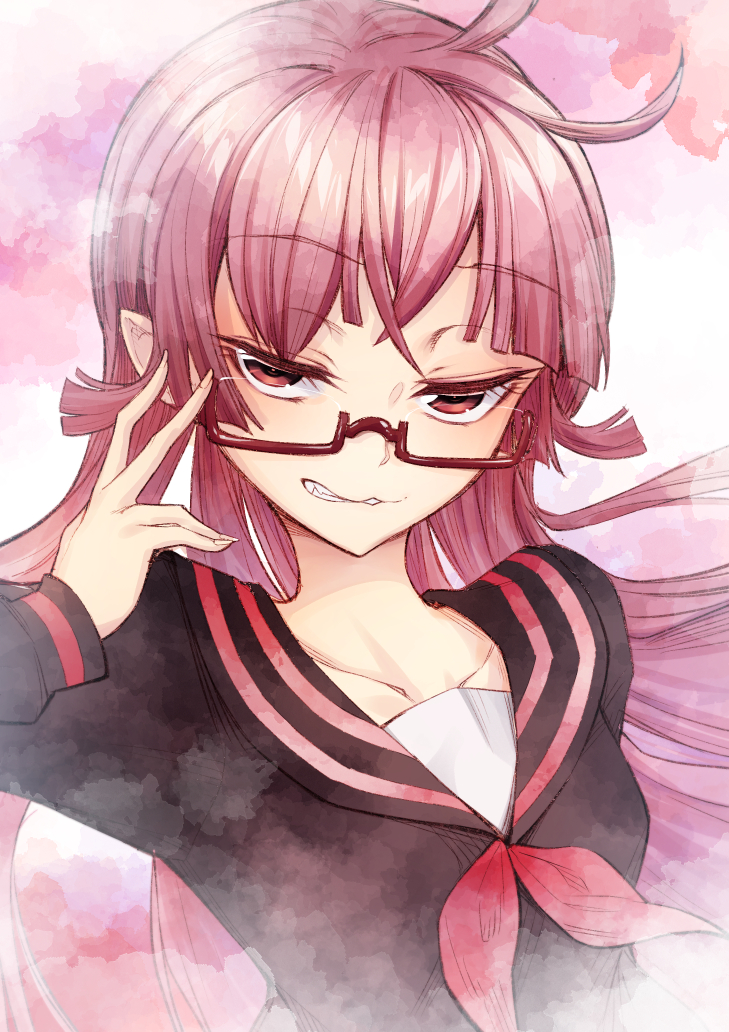 1girl adjusting_eyewear arm_up bangs black_sailor_collar black_serafuku black_shirt cluseller commentary crossed_bangs english_commentary eyebrows_visible_through_hair fang flat_chest grin half-closed_eyes happy kemurikusa long_hair long_sleeves looking_at_viewer neckerchief pink-framed_eyewear pink_background pink_hair pink_theme pointy_ears red_neckwear ryouku_(kemurikusa) sailor_collar school_uniform semi-rimless_eyewear serafuku shiny shiny_hair shirt smile solo teeth upper_body