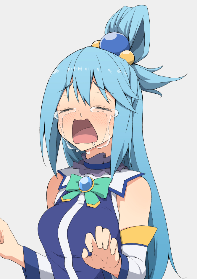 1girl aqua_(konosuba) bare_shoulders blue_hair blue_shirt blush breasts closed_eyes commentary_request crying detached_sleeves grey_background hair_ornament hair_rings kono_subarashii_sekai_ni_shukufuku_wo! long_hair medium_breasts open_mouth salpin shirt simple_background sleeveless solo tears upper_body