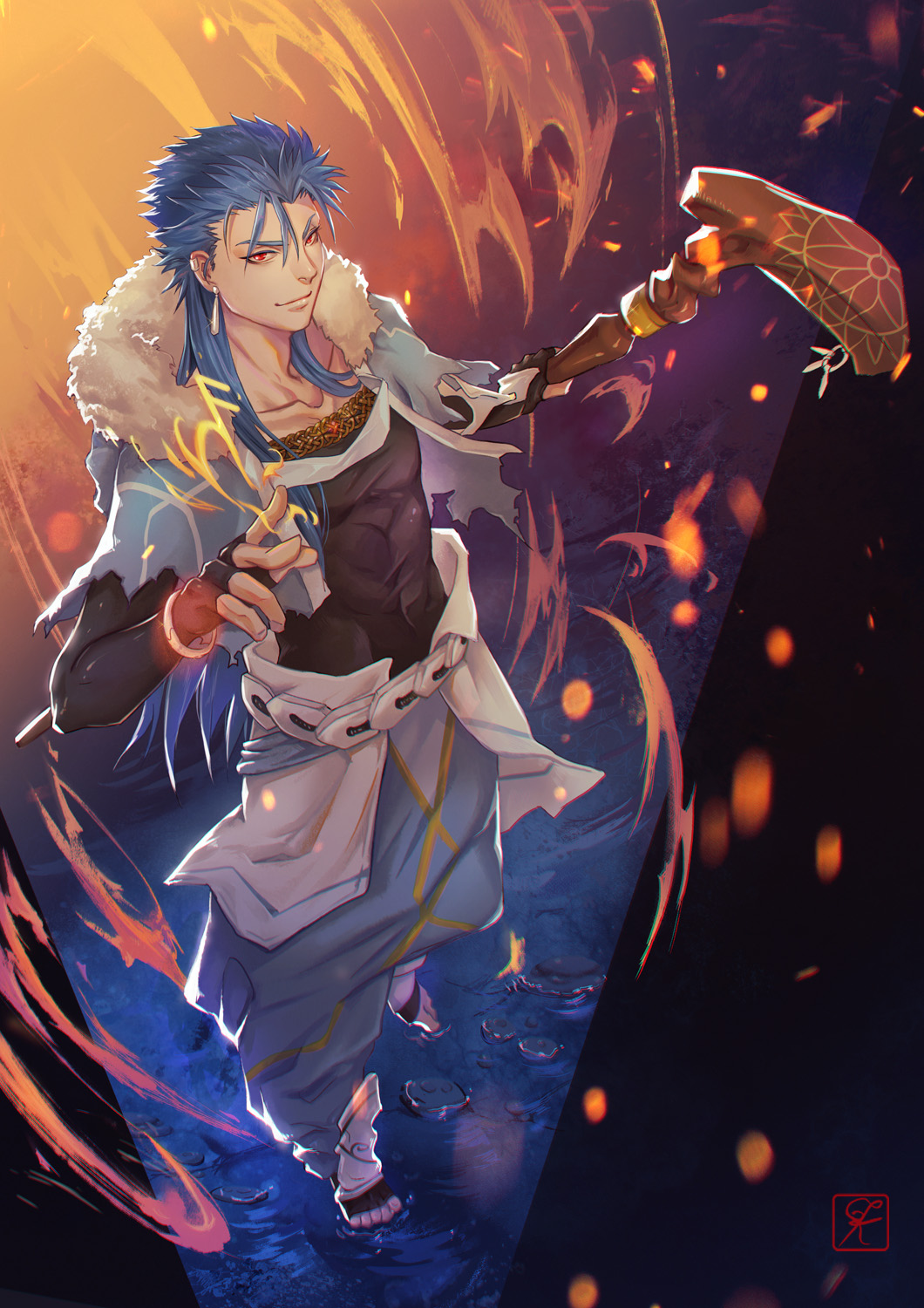 1boy belt blue_hair capelet casting_spell closed_mouth collarbone cu_chulainn_(fate)_(all) cu_chulainn_(fate/grand_order) earrings fate/grand_order fate_(series) fire full_body fur-trimmed_hood fur_trim greaves harem_pants highres holding holding_weapon hood hood_down hooded_capelet jewelry long_hair male_focus pants red_eyes runes signature skin_tight smile solo spiky_hair staff toeless_legwear type-moon washuu water weapon wooden_staff