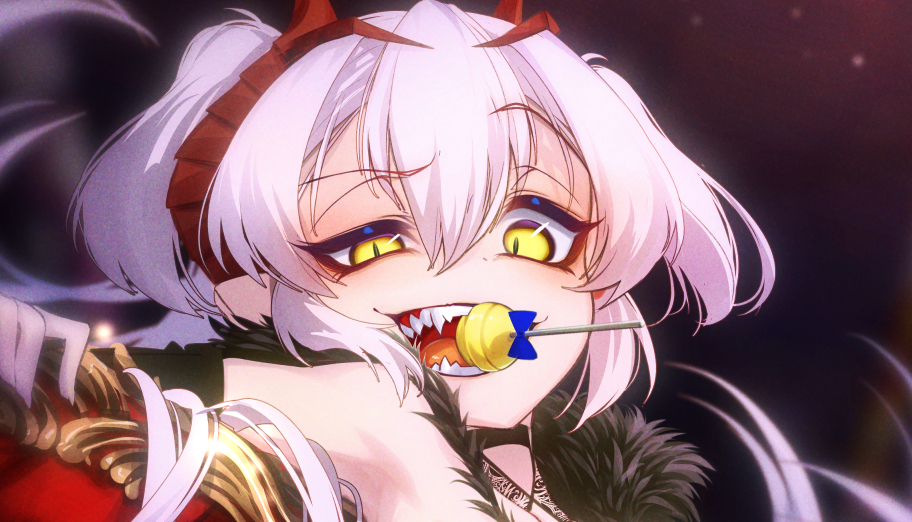 1girl arm_up bangs barbatos_(dungeon_defense) bare_shoulders biting black_choker blue_bow blurry blurry_background blush bow candy choker cluseller commentary_request cropped dungeon_defense eating eyebrows_visible_through_hair face food fur_collar half-closed_eye happy horns light_blush light_particles lollipop long_hair looking_at_viewer mouth_hold open_mouth partial_commentary raised_eyebrow sharp_teeth slit_pupils smile smug solo teeth tied_hair two_side_up uneven_eyes upper_body white_hair yellow_eyes
