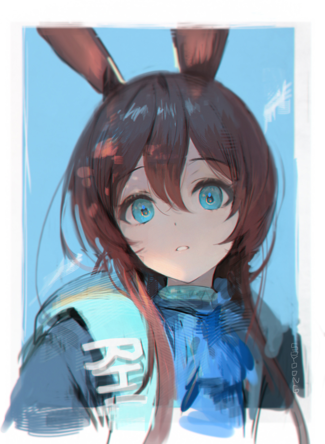 1girl amiya_(arknights) animal_ears arknights artist_name ascot bangs blue_background blue_neckwear border brown_hair bunny_girl clothes_writing commentary english_commentary eyebrows_visible_through_hair hair_between_eyes highres long_hair looking_at_viewer parted_lips portrait rabbit_ears sidelocks simple_background solo soyoong_jun white_border