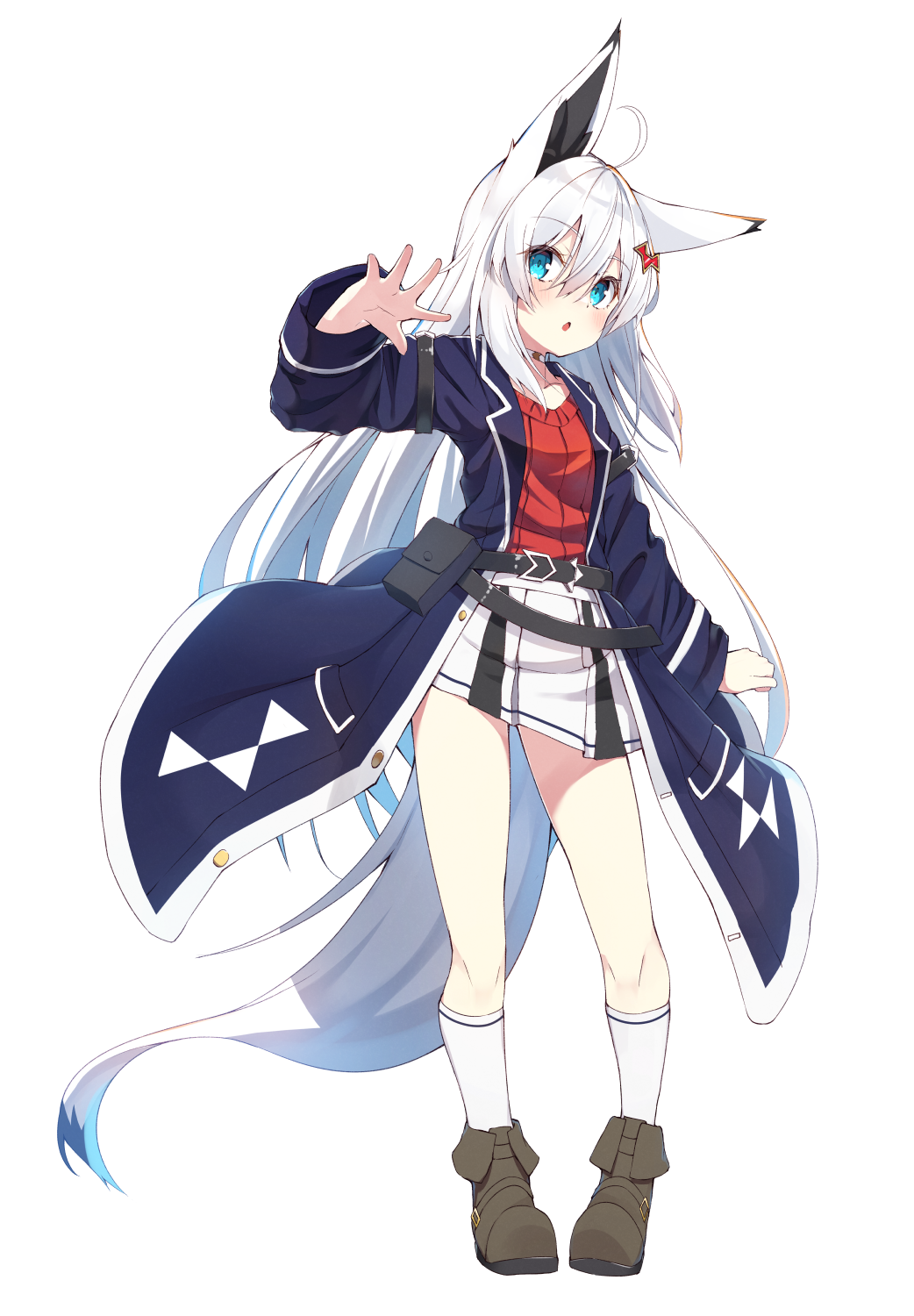 1girl ahoge animal_ears bangs belt belt_buckle black_belt black_coat blue_eyes blush boots brown_footwear buckle coat commentary_request eyebrows_visible_through_hair fox_ears fox_girl fox_tail full_body hair_between_eyes hair_ornament hand_up highres kneehighs long_hair long_sleeves open_clothes open_coat original parted_lips pleated_skirt red_shirt shiro_youduki shirt silver_hair simple_background skirt solo standing tail very_long_hair vrchat white_background white_legwear white_skirt