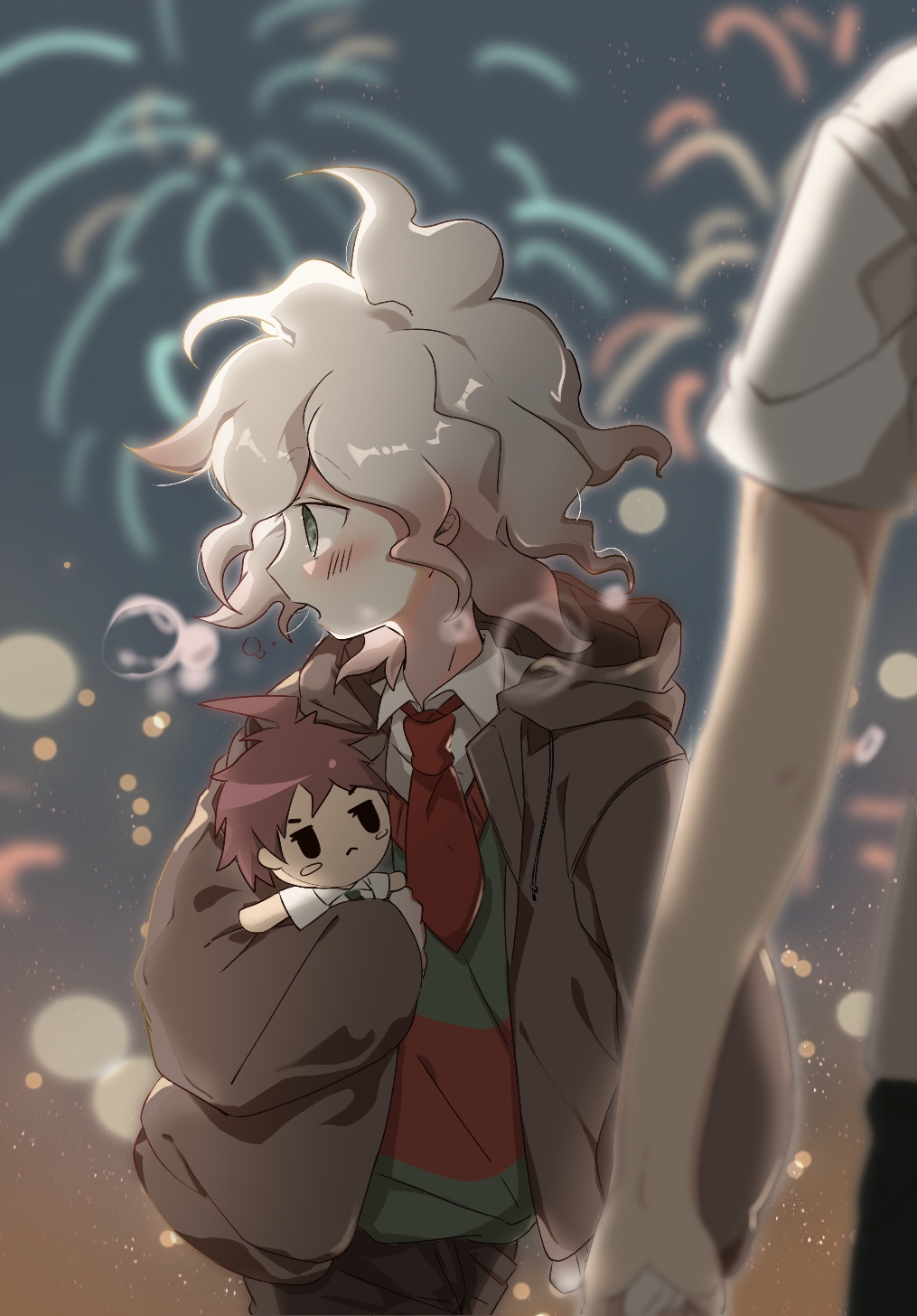 2boys bangs black_pants blurry blurry_foreground blush brown_jacket brown_pants character_doll child commentary_request dangan_ronpa depth_of_field facing_viewer fireworks green_eyes green_sweater highres hinata_hajime hood hooded_jacket jacket komaeda_nagito long_sleeves looking_to_the_side messy_hair midou_(grk12138) multiple_boys necktie open_mouth pants red_neckwear shirt short_necktie short_sleeves solo_focus super_dangan_ronpa_2 sweater white_shirt younger