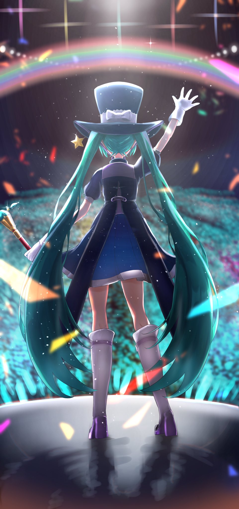 1girl aqua_hair arm_up audience black_headwear blue_dress blue_headwear boots bow commentary concert confetti diffraction_spikes dress from_behind full_body gloves hair_ornament hat hat_bow hatsune_miku highres holding holding_wand itogari knee_boots light_particles long_hair magical_mirai_(vocaloid) outstretched_arm penlight rainbow standing star_(symbol) star_hair_ornament top_hat twintails very_long_hair vocaloid wand waving white_gloves