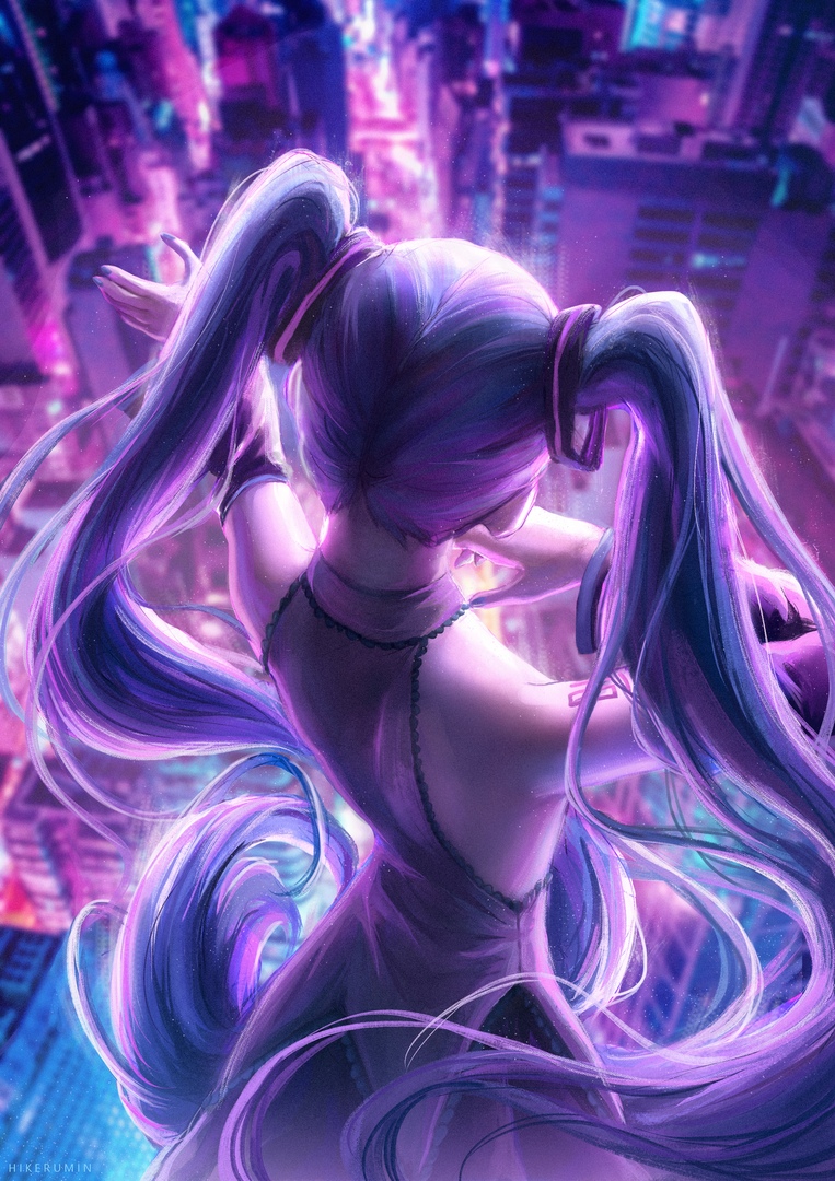 1girl black_sleeves blue_hair blurry blurry_background city detached_sleeves floating_hair from_above from_behind grey_shirt hatsune_miku hikeru_(hikerumin) long_hair long_sleeves shirt sleeveless sleeveless_shirt solo standing twintails very_long_hair vocaloid