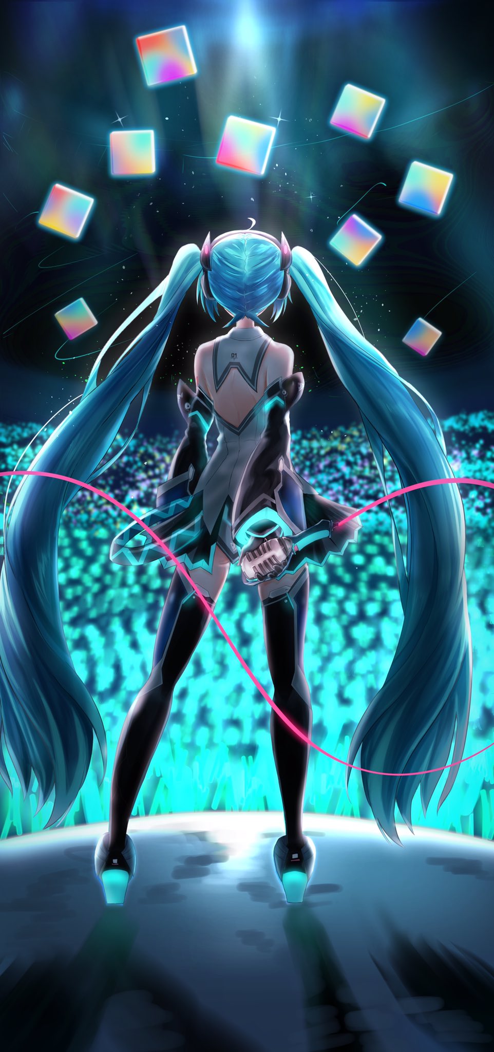 1girl ahoge aqua_hair arm_behind_back audience backless_dress backless_outfit bare_shoulders black_legwear black_skirt black_sleeves cable commentary concert cube detached_sleeves dress from_behind full_body grey_dress hair_ornament hatsune_miku headphones highres holding holding_microphone itogari long_hair magical_mirai_(vocaloid) microphone miniskirt penlight pleated_skirt skirt sparkle stage standing thigh-highs twintails very_long_hair vocaloid zettai_ryouiki