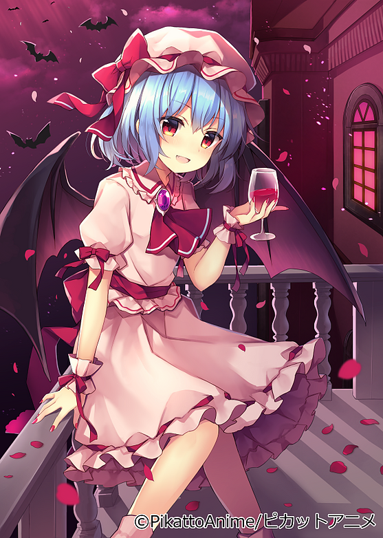 1girl against_railing amethyst_(gemstone) arm_up bat bat_wings blue_hair blush bow brooch clouds commentary_request cup dress drinking_glass eyebrows_visible_through_hair fang feet_out_of_frame frilled_shirt frilled_shirt_collar frilled_sleeves frills hat hat_ribbon holding holding_cup jewelry looking_at_viewer mob_cap nail_polish night open_mouth petals pink_dress puffy_short_sleeves puffy_sleeves railing red_bow red_eyes red_nails red_ribbon red_sky remilia_scarlet ribbon rose_petals ruhika sash shirt short_hair short_sleeves sky smile socks solo standing touhou white_legwear window wine_glass wings wrist_cuffs
