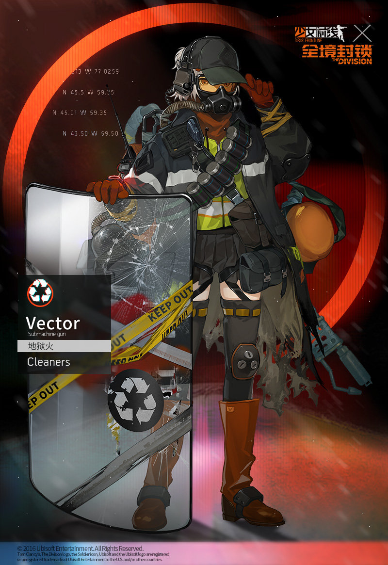 1girl alternate_costume bandolier baseball_cap boots chinese_commentary cleaners crack crossover english_text explosive firefighter flamethrower gas_mask gas_tank girls_frontline gloves grenade hat headset knee_pads official_art riot_shield skirt solo thigh-highs tom_clancy's_the_division vector_(girls_frontline) watch watch weapon