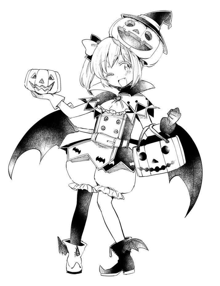 1girl :d ankle_boots belt blush boots bow double-breasted dress fang full_body gloves greyscale hair_bow halloween_bucket halloween_costume hand_up hat holding hota jack-o'-lantern latina_(uchi_no_musume_no_tame_naraba) looking_at_viewer low_wings mismatched_gloves monochrome one_eye_closed open_mouth pigeon-toed pointy_footwear puffy_shorts pumpkin_on_head short_dress shorts simple_background single_thighhigh smile solo thigh-highs uchi_no_musume_no_tame_naraba_ore_wa_moshikashitara_maou_mo_taoseru_kamo_shirenai. vampire_costume white_background wings witch_hat
