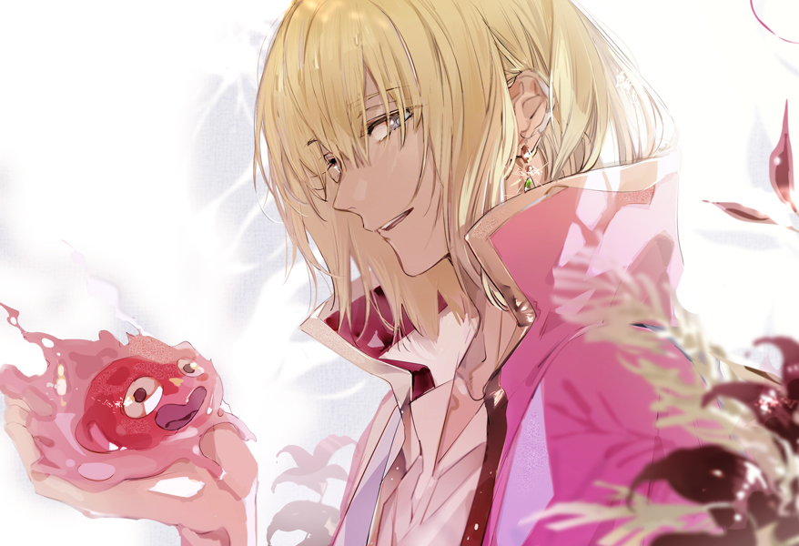 1boy bangs blonde_hair blue_eyes calcifer cape collared_shirt earrings flower hair_between_eyes high_collar holding howl_(howl_no_ugoku_shiro) howl_no_ugoku_shiro jewelry looking_at_viewer male_focus open_mouth print_cape red_flower shirt simple_background sparkle suou upper_body white_background white_shirt