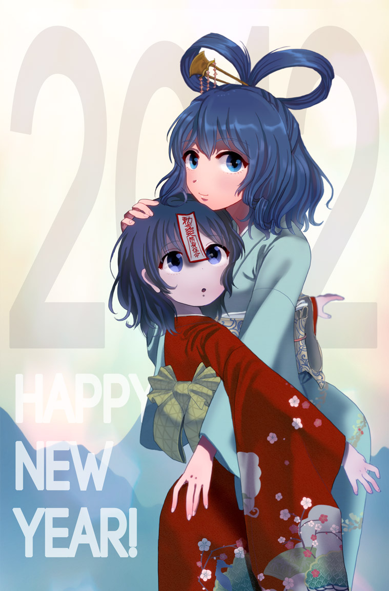 2girls :o alternate_costume back_bow blue_eyes blue_hair blue_kimono bow breasts closed_mouth commentary_request english_text floral_print hair_ornament hair_rings hair_stick hand_on_another's_head happy_new_year height_difference hug japanese_clothes jiangshi kaku_seiga kimono long_sleeves looking_at_another looking_at_viewer medium_breasts miyako_yoshika multiple_girls new_year no_hat no_headwear ofuda open_mouth red_kimono short_hair smile touhou wide_sleeves wtuw yuri