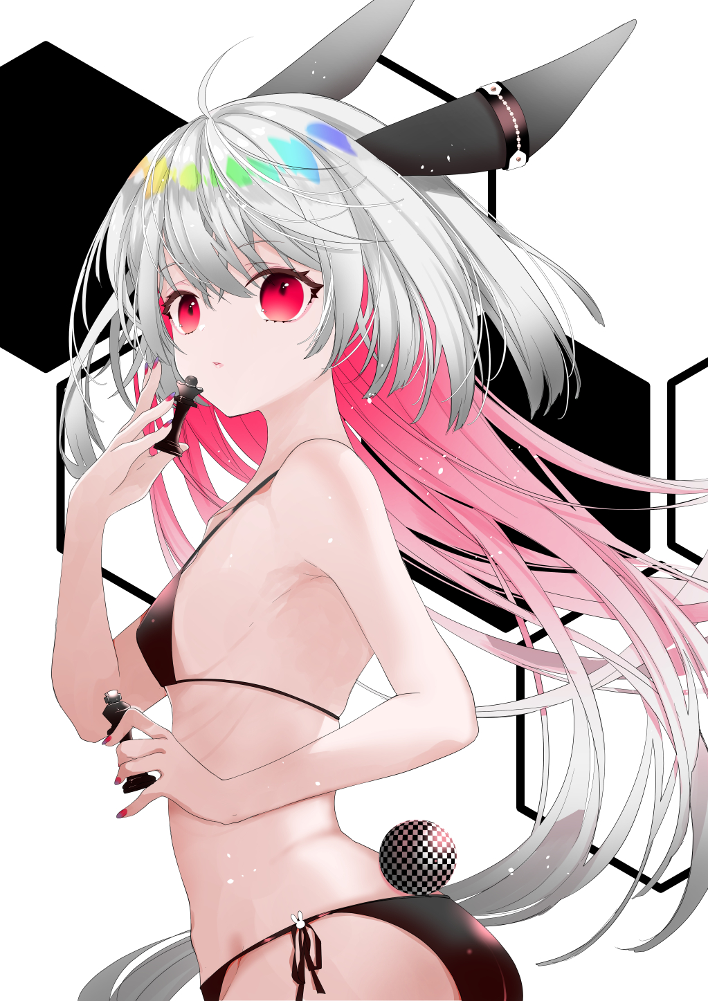 1girl animal_ears ass bangs bare_arms bare_shoulders bikini black_bikini breasts bunny_girl bunny_tail checkered chess_piece eyebrows_visible_through_hair gradient_hair hair_between_eyes highres holding honeycomb_(pattern) honeycomb_background konataeru multicolored_hair nail_polish original parted_lips pink_hair rabbit_ears red_eyes red_nails redhead side-tie_bikini silver_hair small_breasts solo swimsuit tail white_background