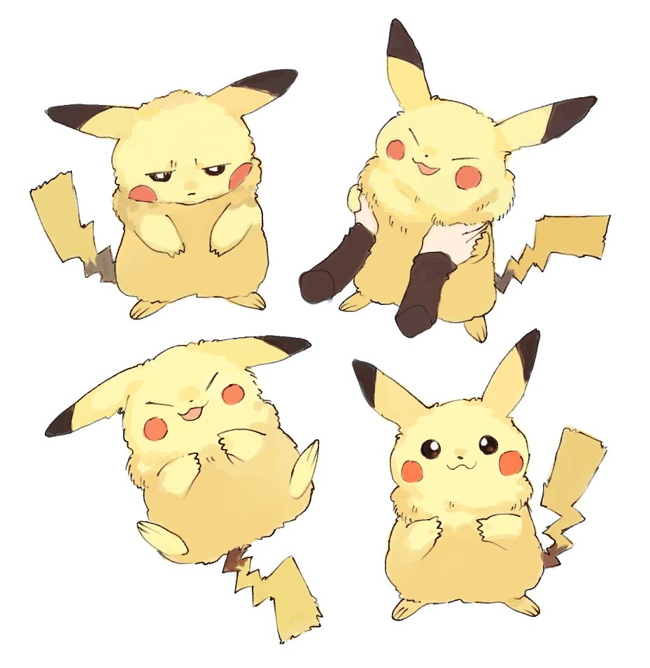 :3 black_eyes commentary_request facing_down gen_1_pokemon grey_background hands_up happy long_sleeves looking_at_viewer multiple_views newo_(shinra-p) open_mouth pikachu pokemon pokemon_(creature) sad simple_background smile solo_focus