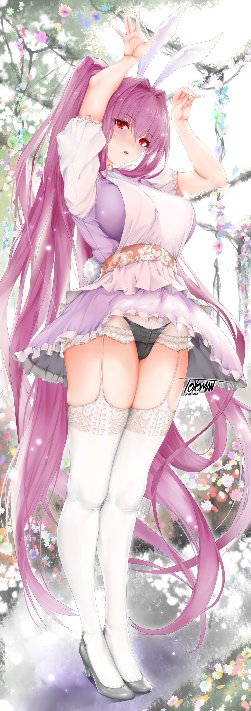 1girl absurdres alternate_costume animal_ears arms_up belt black_panties breasts bunny_tail clothing_cutout dress fate/grand_order fate_(series) flower garter_straps heart_cutout high_heels highres large_breasts long_hair looking_at_viewer outdoors panties parted_lips ponytail purple_hair rabbit_ears red_eyes scathach_(fate)_(all) scathach_(fate/grand_order) short_sleeves skirt solo tail thigh-highs toyoman tree underwear very_long_hair