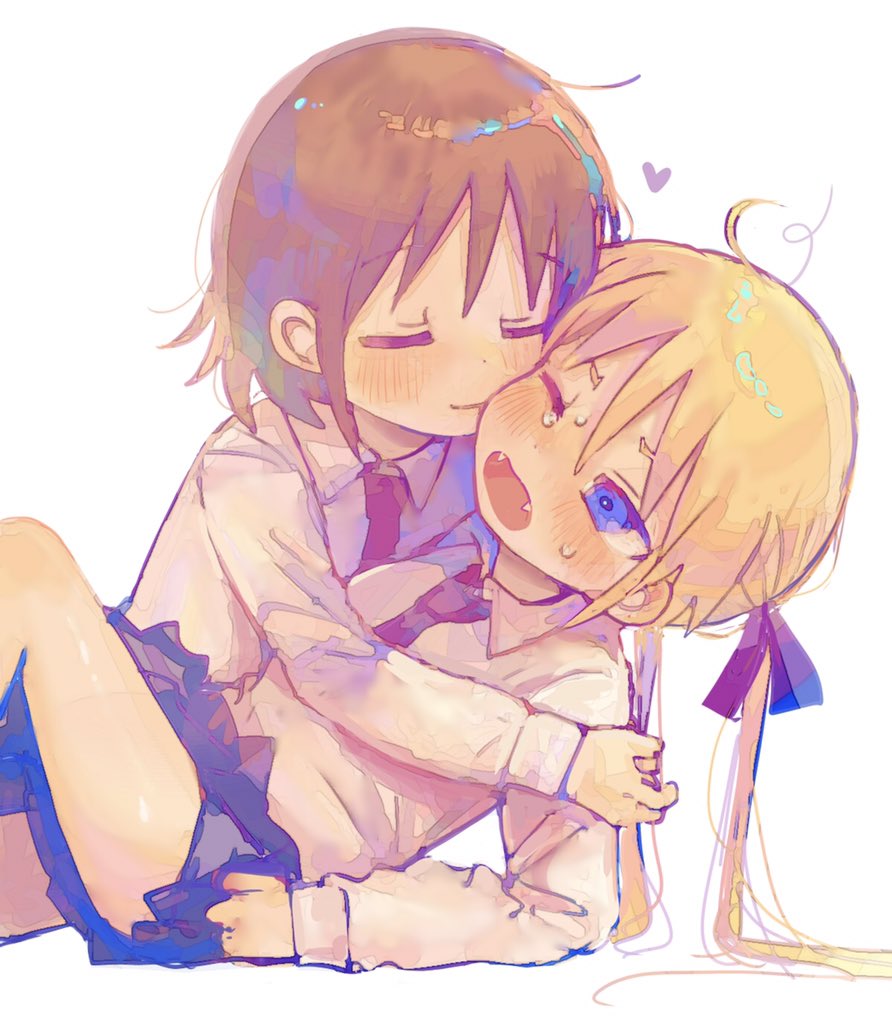 2girls blonde_hair blue_eyes blush brown_hair cheek_kiss closed_eyes fangs hair_ribbon heart hozonsui kill_me_baby kiss long_hair multiple_girls necktie open_mouth oribe_yasuna ribbon school_uniform short_hair skirt smile sonya_(kill_me_baby) twintails yuri