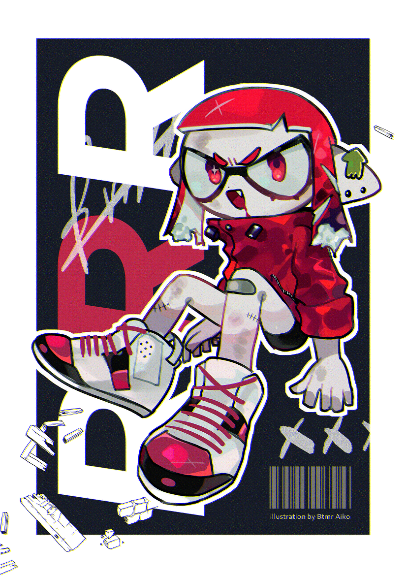 1girl artist_name bandaid bandaid_on_knee bangs barcode black_shorts blood blood_on_face btmr_game domino_mask ear_piercing fang inkling jacket mask medium_hair open_mouth pale_skin piercing pointy_ears red_eyes red_jacket redhead shoes shorts sitting sneakers solo splatoon_(series) stitches tentacle_hair