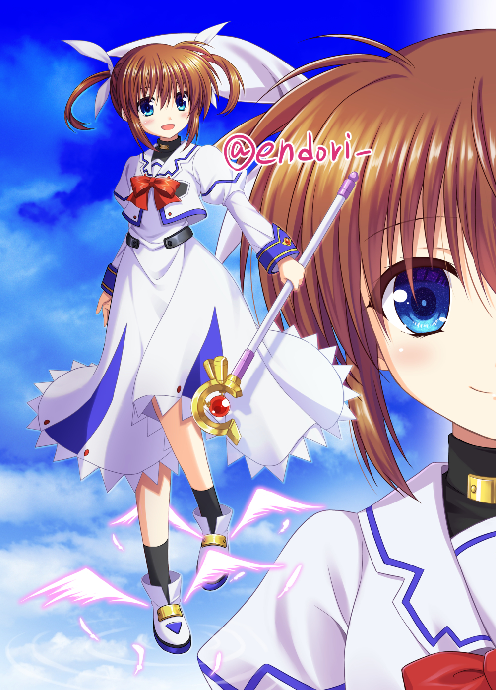 1girl :d bangs black_legwear blue_eyes blue_sky blush bow bowtie brown_hair closed_mouth dress endori full_body hair_between_eyes hair_bow highres holding holding_staff long_hair long_sleeves looking_at_viewer lyrical_nanoha mahou_shoujo_lyrical_nanoha medium_dress open_mouth red_bow red_neckwear shiny shiny_hair sky smile socks solo staff takamachi_nanoha turtleneck twintails twitter_username white_bow white_dress