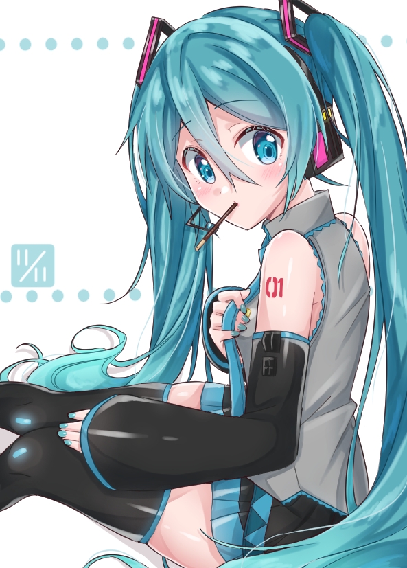 1girl aqua_eyes aqua_hair aqua_nails aqua_neckwear bare_shoulders black_legwear black_skirt black_sleeves commentary date_pun dated detached_sleeves food from_side grey_shirt hair_ornament hand_on_own_knee hatsune_miku headphones headset holding_necktie long_hair looking_at_viewer looking_to_the_side miniskirt mouth_hold nail_polish necktie number_pun pleated_skirt pocky pocky_day shirt shoulder_tattoo sitting skirt sleeveless sleeveless_shirt solo supo01 tattoo thigh-highs twintails very_long_hair vocaloid white_background zettai_ryouiki
