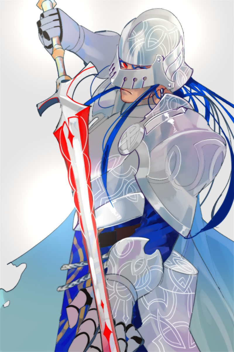 1boy alternate_costume alternate_hairstyle alternate_weapon armor blue_hair breastplate cape cu_chulainn_(fate)_(all) earrings fate/stay_night fate_(series) floating_hair frown gauntlets gloves hair_down highres holding holding_sword holding_weapon jewelry lancer long_hair looking_at_viewer male_focus pauldrons red_eyes rui_(o-rui) shoulder_armor solo sword type-moon weapon