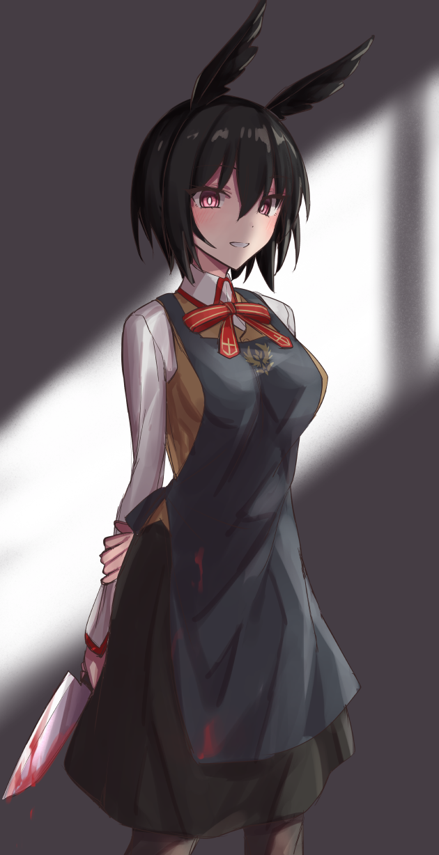 1girl apron black_apron black_hair black_skirt blood bloody_knife bow breasts brown_vest commentary_request elfenlied22 fate/grand_order fate_(series) hair_between_eyes head_wings highres holding holding_knife kitchen_knife knife large_breasts ortlinde_(fate/grand_order) red_bow red_eyes red_neckwear shadow shirt short_hair skirt solo striped striped_bow valkyrie_(fate/grand_order) vest white_shirt yandere