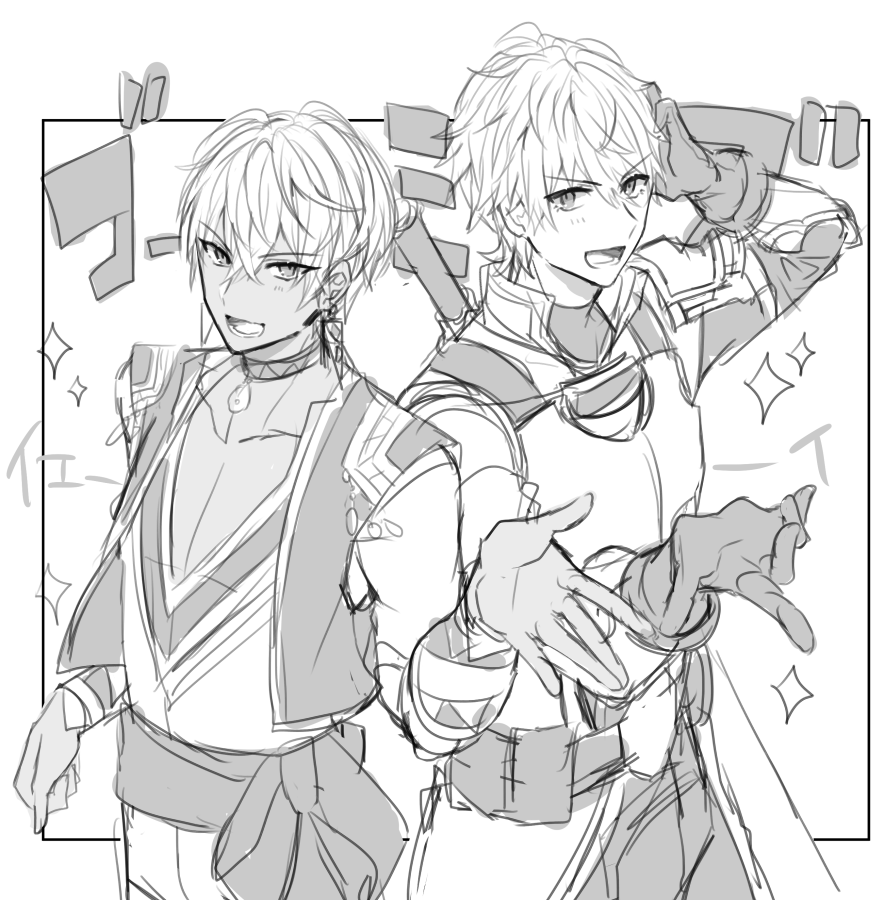 2boys :d arm_up background_text bangs blush breastplate collarbone dark_skin dark_skinned_male ex_albio eyebrows_visible_through_hair gloves greyscale hair_between_eyes hand_on_own_head hand_up ibrahim_(nijisanji) looking_at_viewer monochrome multiple_boys nijisanji open_mouth shikino_yuki shirt sketch smile sparkle sword sword_behind_back translation_request v-shaped_eyebrows vest virtual_youtuber weapon weapon_on_back white_background