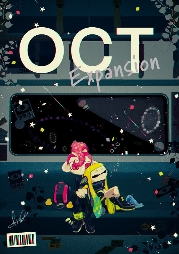 1boy 1girl bag barcode black_footwear boots btmr_game closed_eyes copyright_name domino_mask green_hair headphones inkling leaning_on_person long_hair long_sleeves mask octoling plant pointy_ears redhead rubber_duck sitting splatoon_(series) splatoon_2 splatoon_2:_octo_expansion star_(symbol) tentacle_hair train_interior