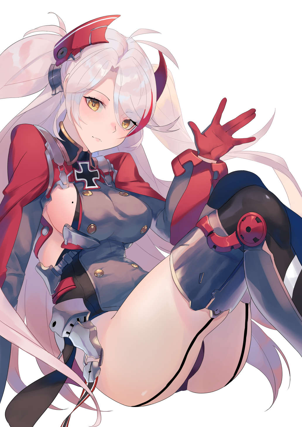 1girl amano_hagoromo ass azur_lane breasts double-breasted garter_straps gloves headgear highres large_breasts long_hair looking_at_viewer mole mole_on_breast multicolored_hair panties pantyshot prinz_eugen_(azur_lane) red_gloves redhead sideboob silver_hair simple_background solo two-tone_hair underwear very_long_hair white_background yellow_eyes