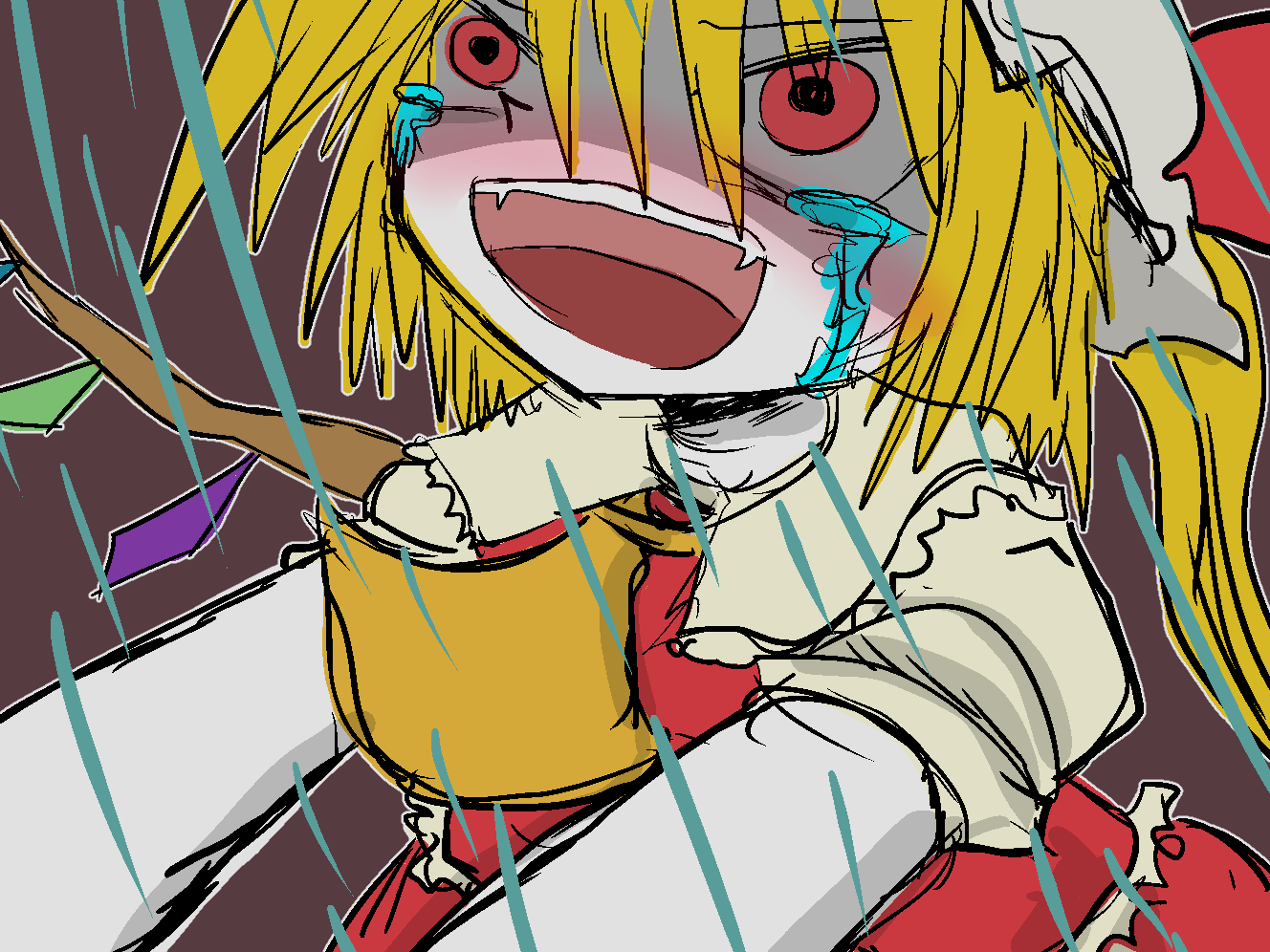 1girl blonde_hair crazy_smile crying crying_with_eyes_open dress evil_eyes fangs flandre_scarlet grabbing hat mob_cap neckerchief puffy_short_sleeves puffy_sleeves red_dress red_eyes sentaku-bune short_sleeves single_wing tears touhou vampire wings yellow_neckwear