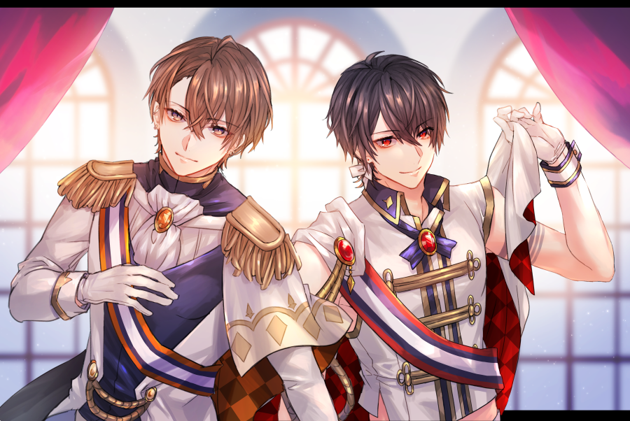 2boys ahoge argyle bangs black_hair blue_vest blurry blurry_background bow brown_eyes brown_hair closed_mouth collared_shirt curtains depth_of_field epaulettes eyebrows_visible_through_hair gloves hair_between_eyes hand_up jacket kagami_hayato long_sleeves looking_at_viewer male_focus multiple_boys nijisanji red_eyes shikino_yuki shirt sleeveless sleeveless_shirt smile upper_body vest virtual_youtuber white_bow white_gloves white_jacket white_shirt window yumeoi_kakeru