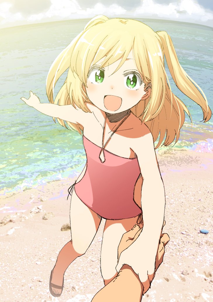 1girl :d bare_arms bare_shoulders beach blonde_hair blush bright_pupils copyright_request fisheye flat_chest green_eyes halterneck happy hota long_hair looking_at_viewer ocean one-piece_swimsuit open_mouth pink_swimsuit pov pov_hands sand sandals smile solo_focus swimsuit two_side_up white_pupils wrist_grab